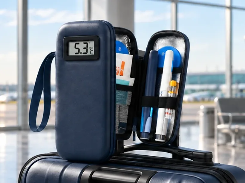 The navy travel cooler open on a carry-on suitcase in an airport terminal, its display on the lid