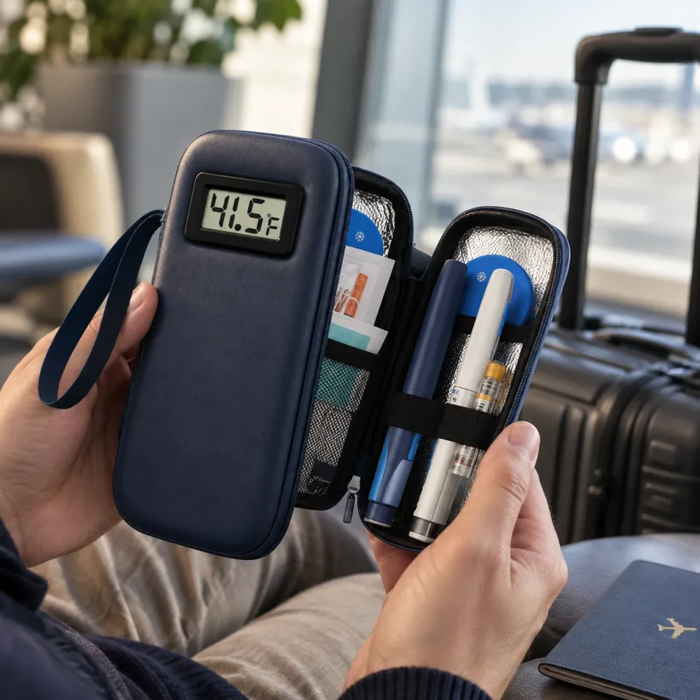 The open navy case held at an airport gate, live temperature on the lid, passport on the table