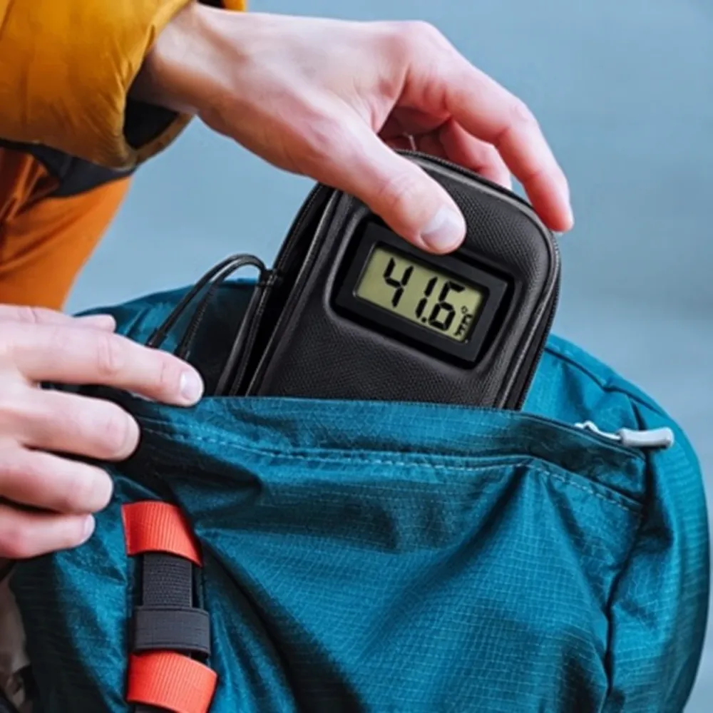 A hand slipping the black case into the pocket of a teal backpack