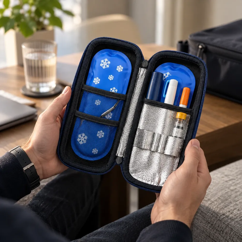 Hands holding the open navy case at home: two ice packs, pens and a vial in their straps
