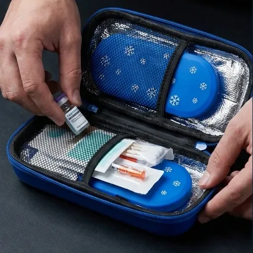 The blue case open on a table with two gel ice packs, a vial and syringes inside